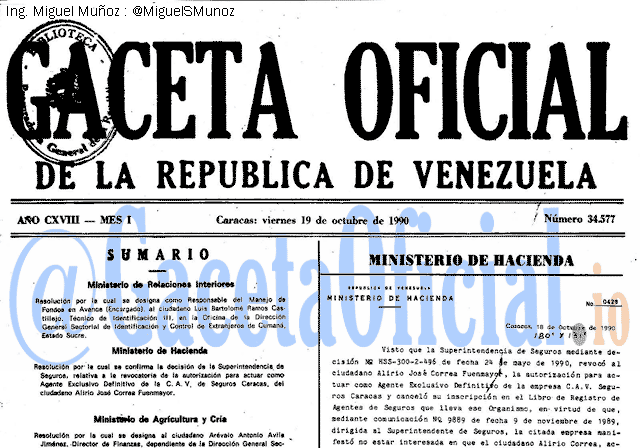 Gaceta Oficial 34577 del 19 Octubre 1990