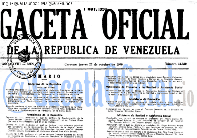 Gaceta Oficial 34580 del 25 Octubre 1990