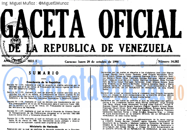 Gaceta Oficial 34582 del 29 Octubre 1990