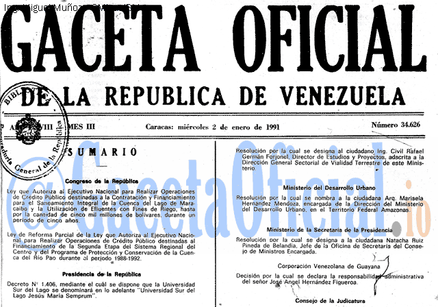 Gaceta Oficial 34626 del 2 Enero 1991