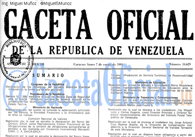 Gaceta Oficial 34629 del 7 Enero 1991