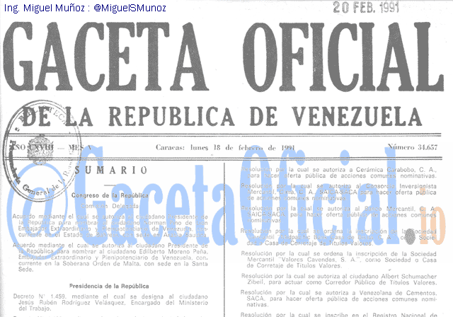 Gaceta Oficial 34657 del 18 Febrero 1991
