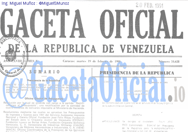 Gaceta Oficial 34658 del 19 Febrero 1991