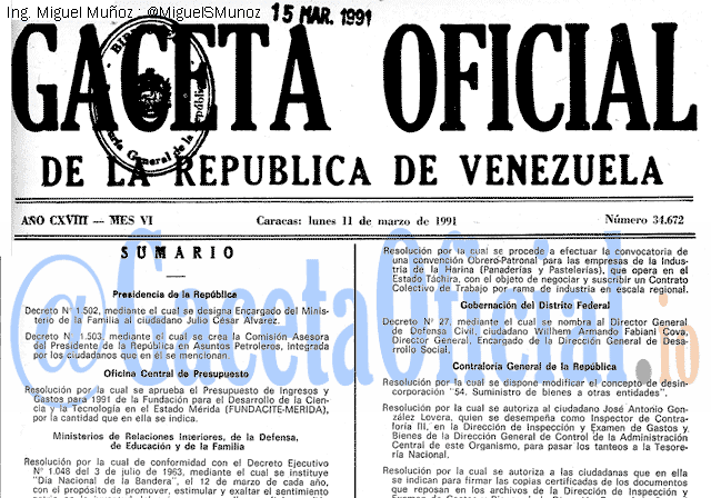 Gaceta Oficial 34672 del 11 Marzo 1991