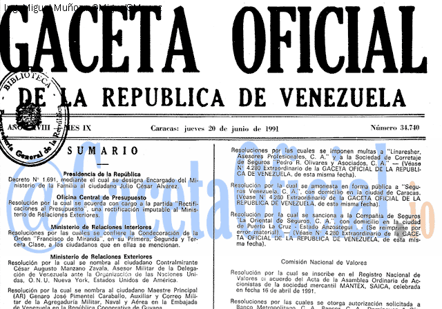 Gaceta Oficial 34740 del 20 Junio 1991