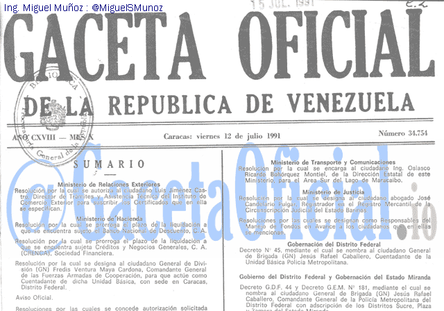 Gaceta Oficial 34754 del 12 Julio 1991