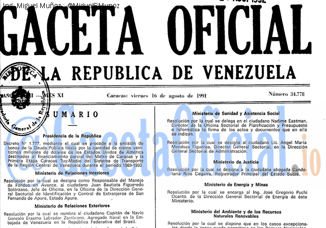 Gaceta Oficial 34778 del 16 Agosto 1991