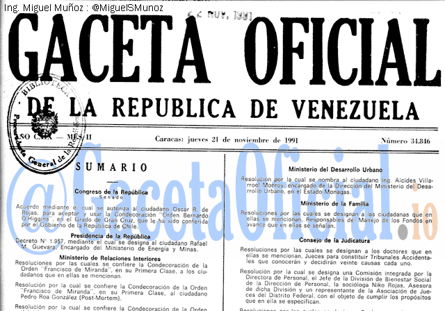 Gaceta Oficial 34846 del 21 Noviembre 1991