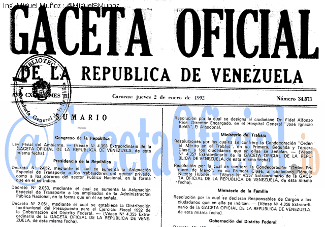 Gaceta Oficial 34873 del 2 Enero 1992