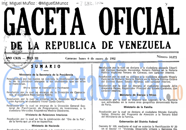 Gaceta Oficial 34875 del 6 Enero 1992