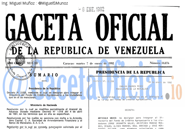 Gaceta Oficial 34876 del 7 Enero 1992