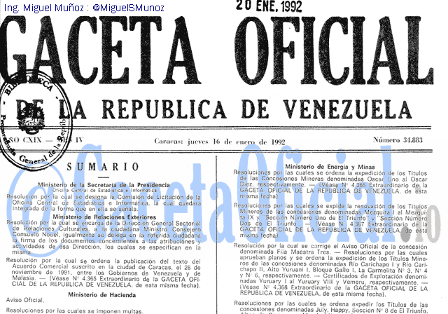 Gaceta Oficial 34883 del 16 Enero 1992
