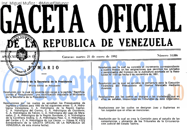 Gaceta Oficial 34886 del 21 Enero 1992