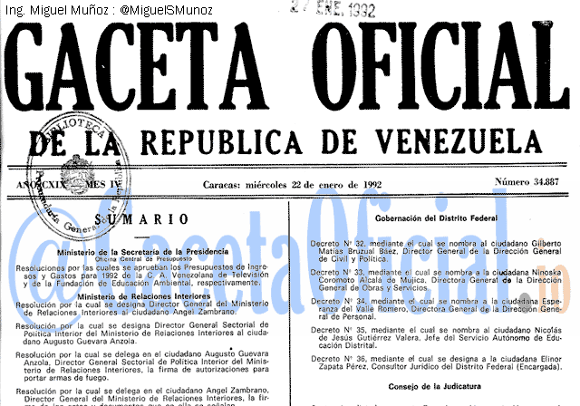 Gaceta Oficial 34887 del 22 Enero 1992