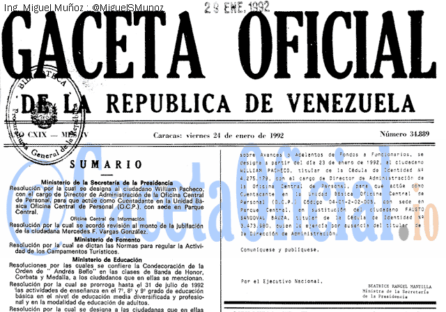Gaceta Oficial 34889 del 24 Enero 1992