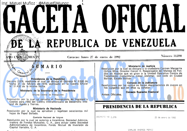 Gaceta Oficial 34890 del 27 Enero 1992