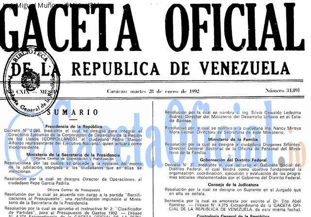 Gaceta Oficial 34891 del 28 Enero 1992