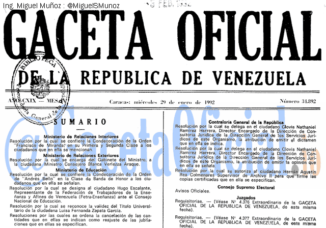 Gaceta Oficial 34892 del 29 Enero 1992
