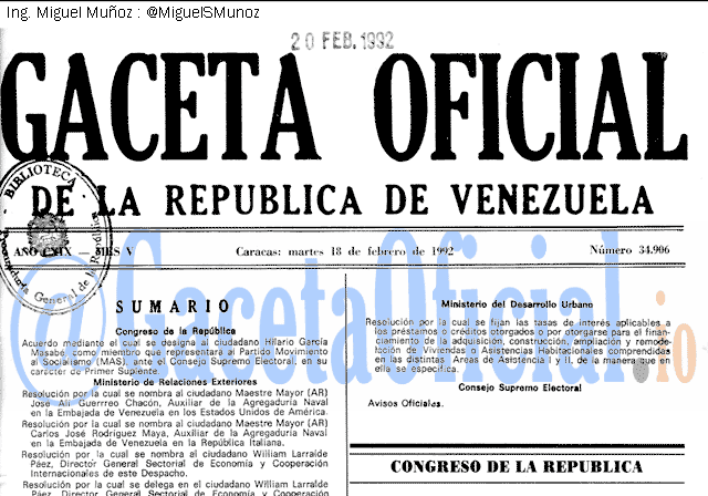 Gaceta Oficial 34906 del 18 Febrero 1992
