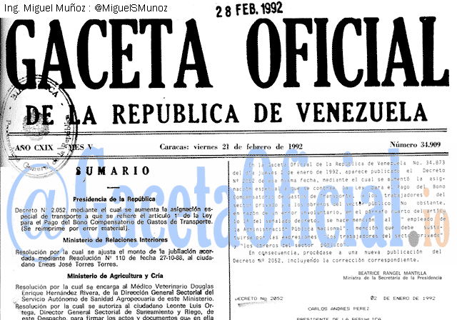 Gaceta Oficial 34909 del 21 Febrero 1992