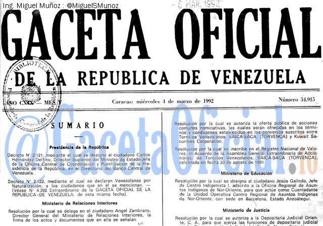 Gaceta Oficial 34915 del 4 Marzo 1992