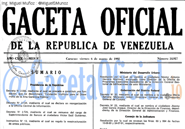 Gaceta Oficial 34917 del 6 Marzo 1992