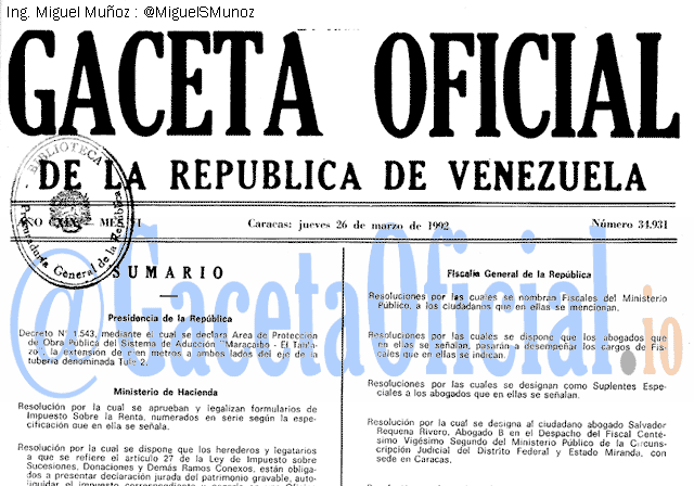 Gaceta Oficial 34931 del 26 Marzo 1992