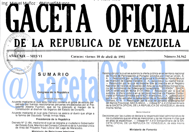 Gaceta Oficial 34942 del 10 Abril 1992