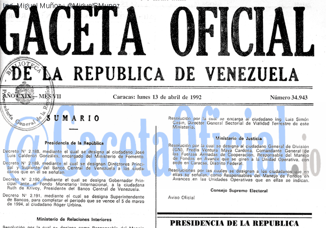 Gaceta Oficial 34943 del 13 Abril 1992