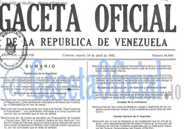 Gaceta Oficial 34944 del 14 Abril 1992