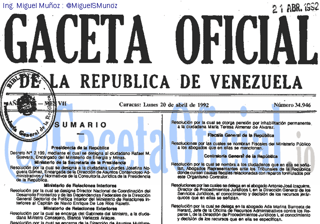 Gaceta Oficial 34946 del 20 Abril 1992