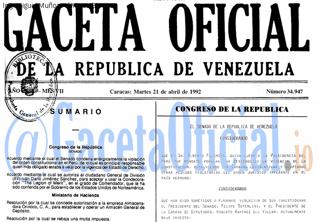 Gaceta Oficial 34947 del 21 Abril 1992