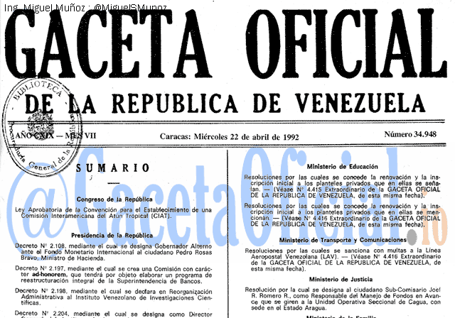 Gaceta Oficial 34948 del 22 Abril 1992