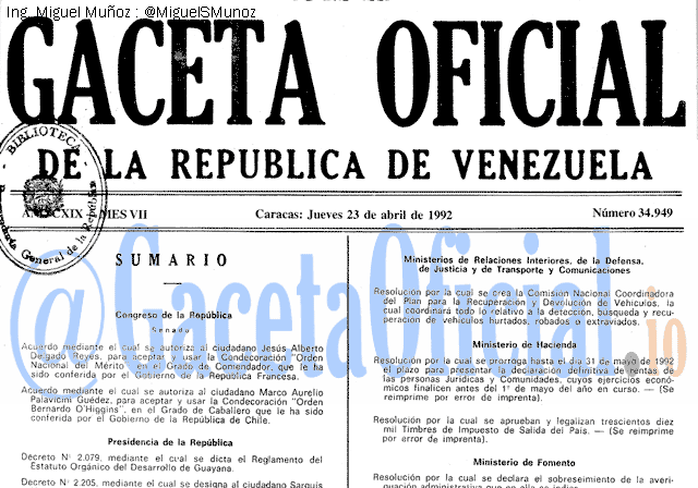 Gaceta Oficial 34949 del 23 Abril 1992