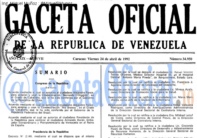 Gaceta Oficial 34950 del 24 Abril 1992
