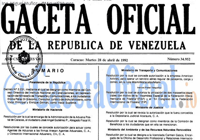 Gaceta Oficial 34952 del 28 Abril 1992