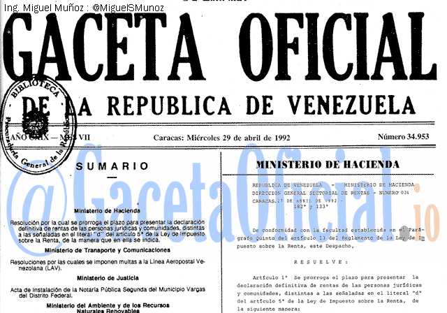 Gaceta Oficial 34953 del 29 Abril 1992