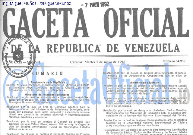 Gaceta Oficial 34956 del 5 Mayo 1992