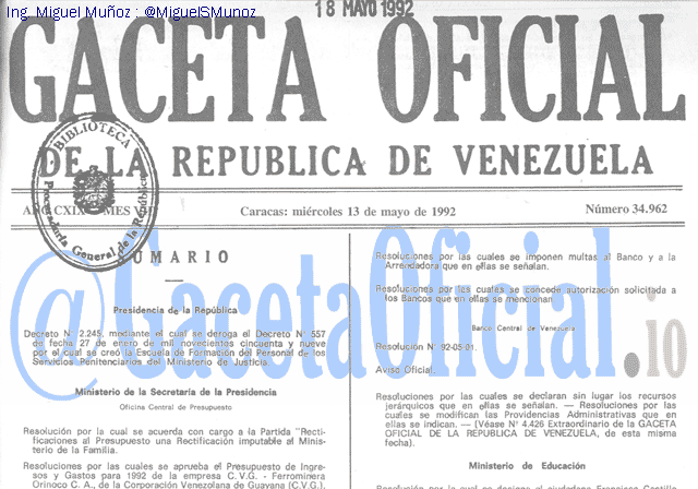 Gaceta Oficial 34962 del 13 Mayo 1992