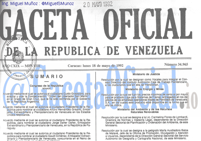 Gaceta Oficial 34965 del 18 Mayo 1992