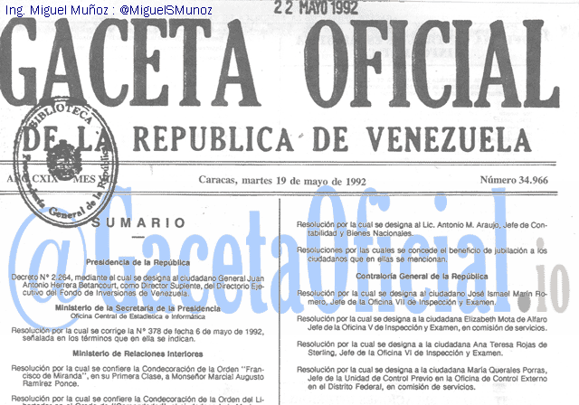 Gaceta Oficial 34966 del 19 Mayo 1992