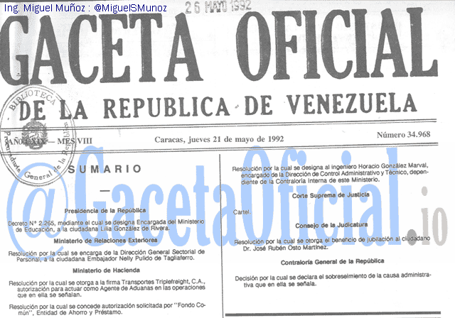 Gaceta Oficial 34968 del 21 Mayo 1992