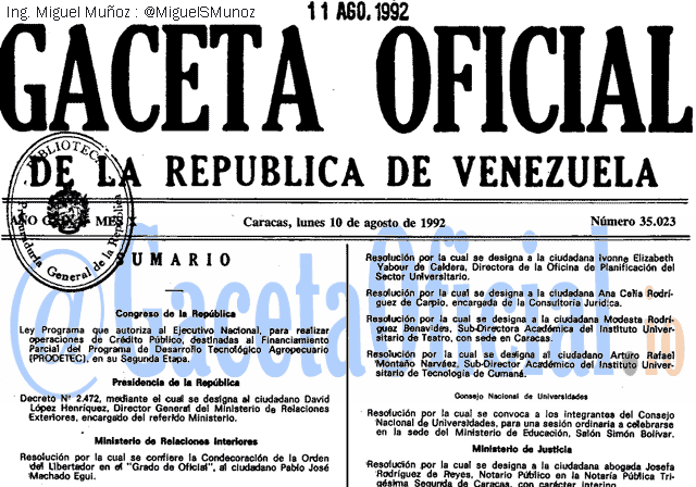 Gaceta Oficial 35023 del 10 Agosto 1992