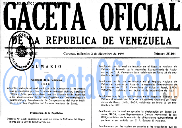 Gaceta Oficial 35104 del 2 Diciembre 1992