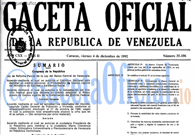 Gaceta Oficial 35106 del 4 Diciembre 1992