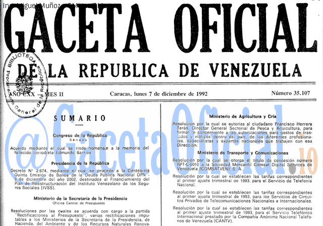 Gaceta Oficial 35107 del 7 Diciembre 1992