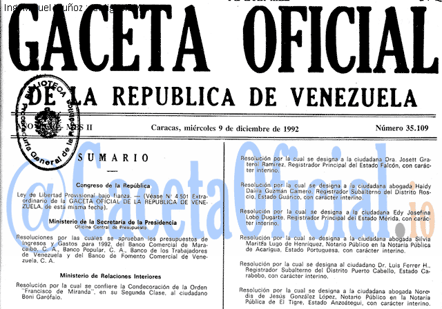 Gaceta Oficial 35109 del 9 Diciembre 1992