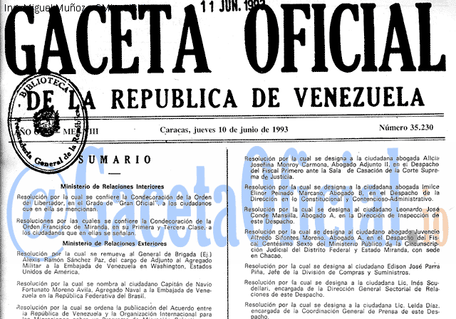 Gaceta Oficial 35230 del 10 Junio 1993