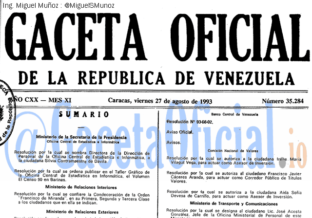 Gaceta Oficial 35284 del 27 Agosto 1993
