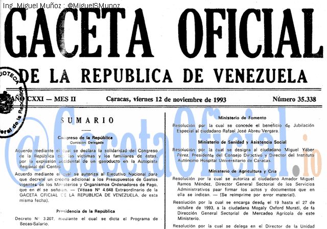 Gaceta Oficial 35338 del 12 Noviembre 1993